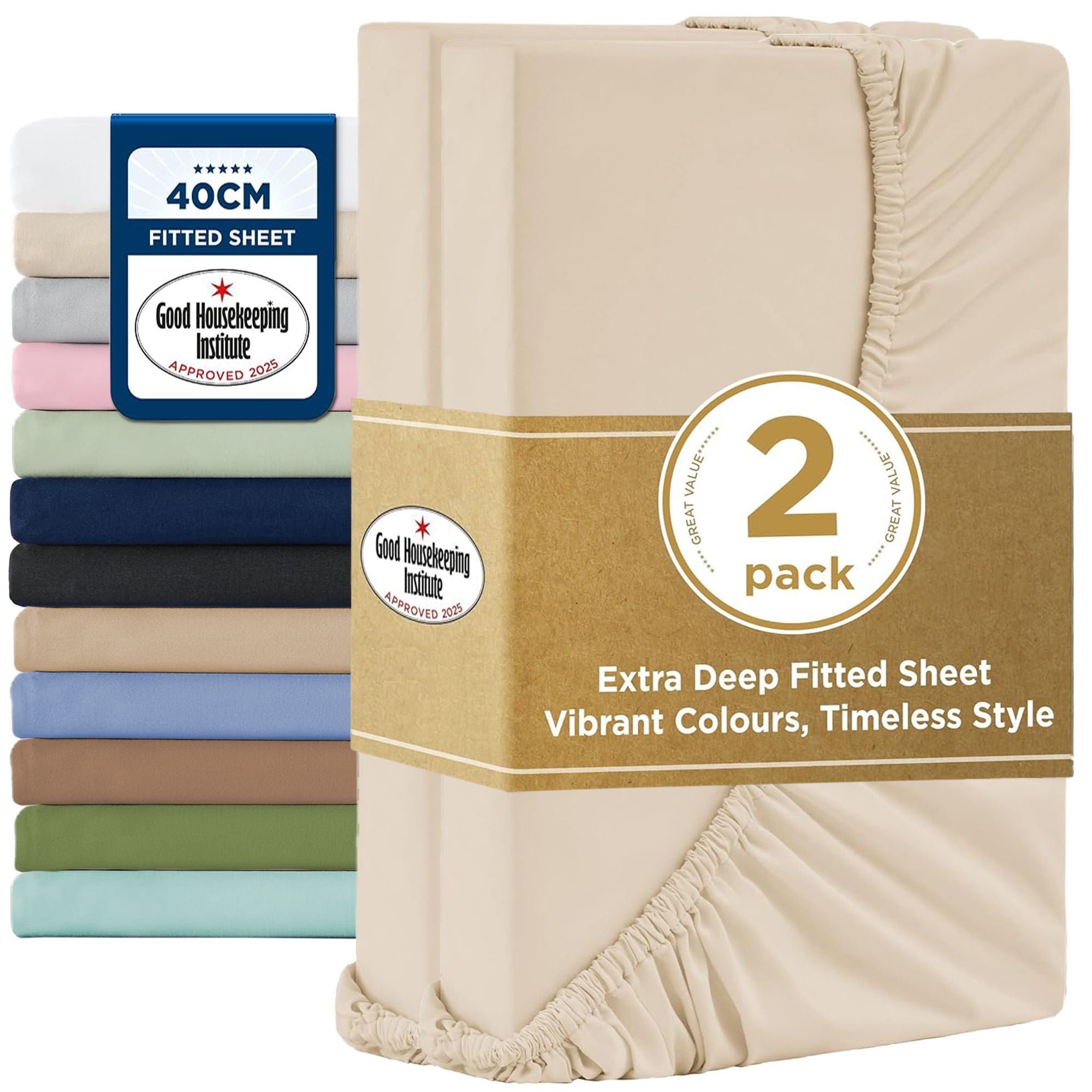 2000TC Hotel Quality Fitted Sheets - 2 Piece Fitted Sheets -Breathable Bedding - Wrinkle, Fade, Stain Resistant- 16inch/40cm Deep Pocket Fitted Bed Sheets-Wrinkle and Fade Resistant,(Cream White,Queen)